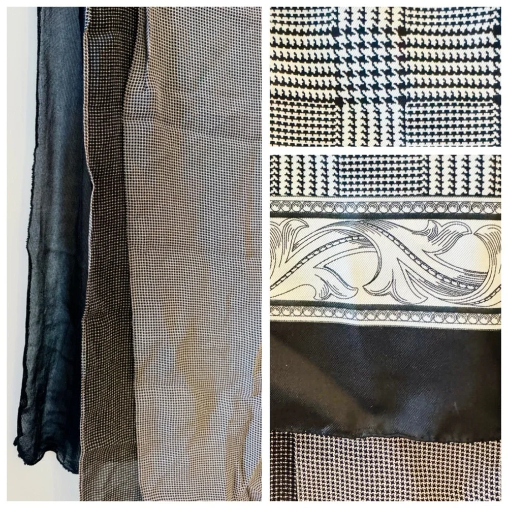 BUNDLE (3) Vintage B&W Houndstooth Pattern Assorted Wrap Scarves